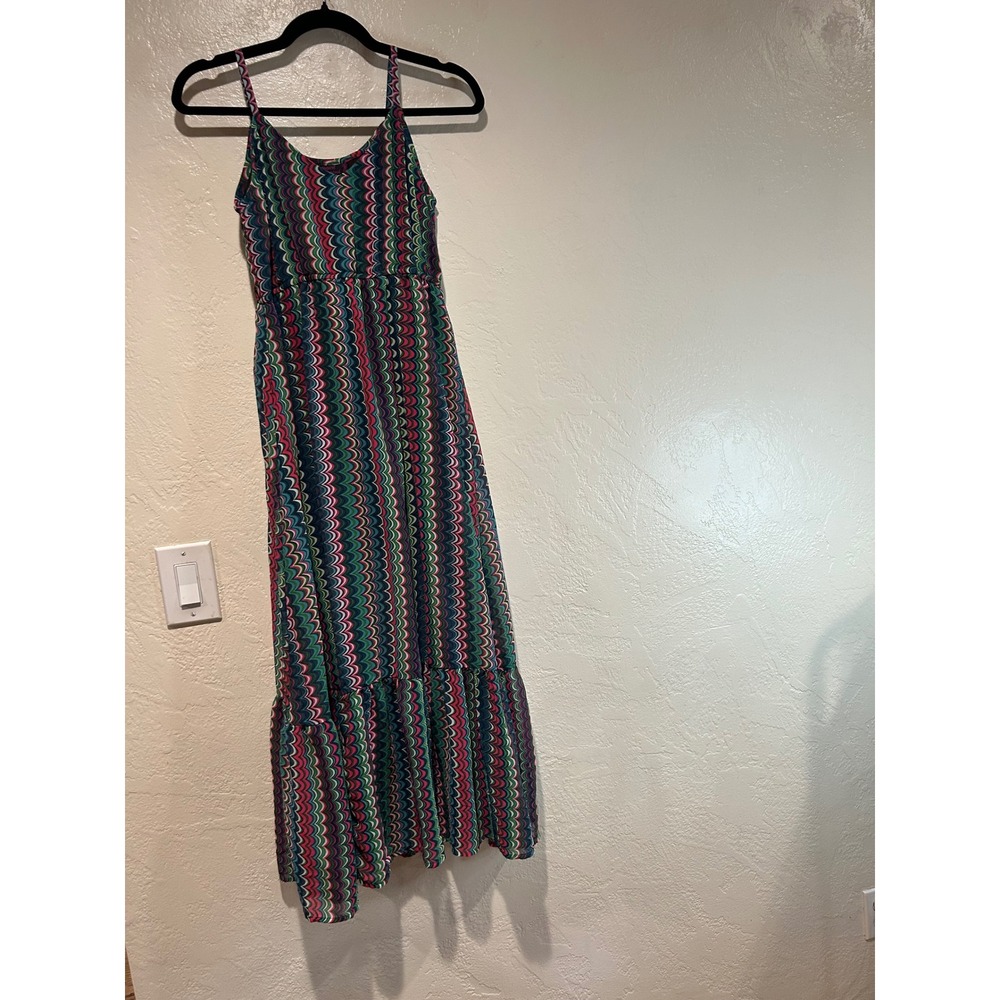 Cowgirl Legend Pink Green Psychedelic Wave Tiered Maxi Dress Womens Medium Boho